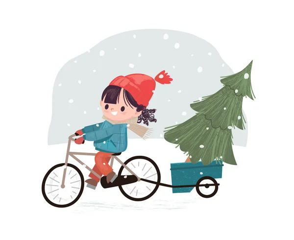 バイク配達の女の子 雪と冬の背景にクリスマスツリーを運ぶ — ストックベクタ