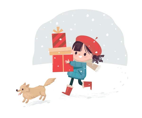 快乐的女孩分娩 带着降雪的冬季背景下的圣诞礼品盒 — 图库矢量图片