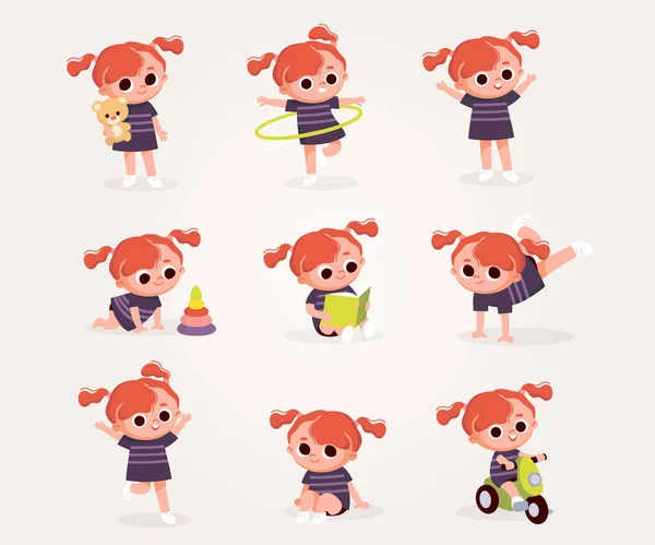 大组不同姿势的女婴角色 女婴玩玩具 骑自行车 抱着熊 爬来爬去 做杂技 旋转呼啦圈 — 图库矢量图片
