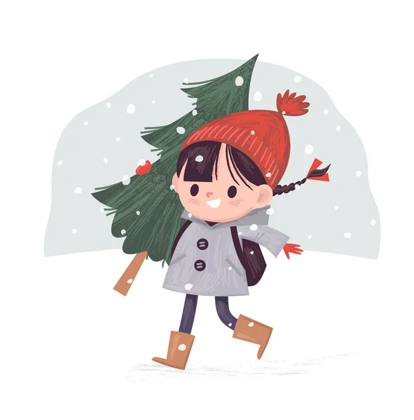 漫画の女の子歩くと 雪と冬の背景にクリスマスツリーを運ぶ — ストックベクタ