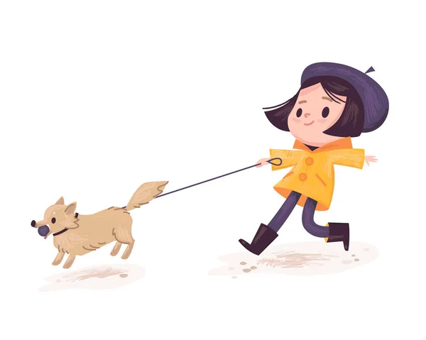 Little Girl Wearing Dressed Jacket Walking Dog Leash — Stock Vector