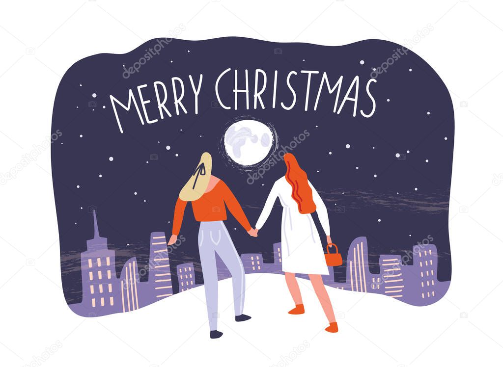 Two women walking together. Merry Christmas card. X-Mas, xmas card. Night city landscape. Gay couple.