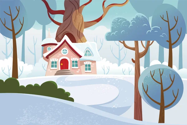 Bosque Invierno Bosque Con Dibujos Animados Pequeños Cuentos Hadas Hous — Vector de stock