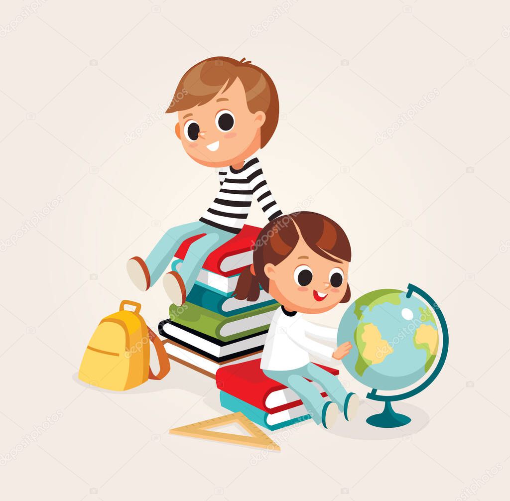 Back to school. Kid boy sitting on piles of books. Little girl looking at the globe. Scholar freshman sophomore having rest after doing study learning.