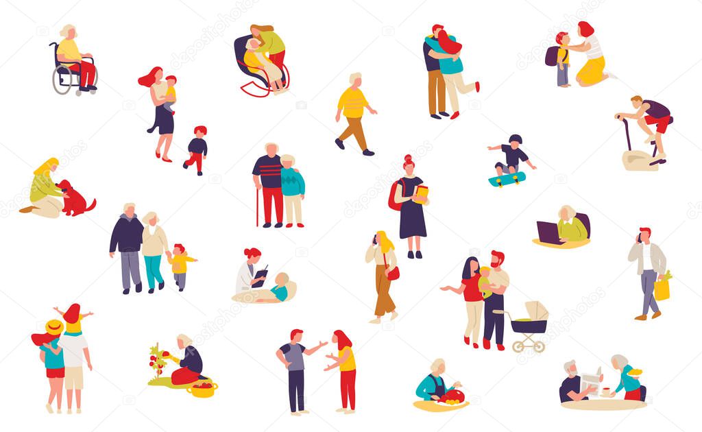 Set of people characters in different poses. Set with senior people and their's families and relatives. Retirement planning.