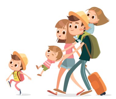 Deniz kıyısında tatilde olan aile, sahil kenarında yürüyen aile, tropik tatil beldesine vardı.