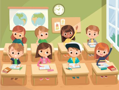 Sınıfta öğrencileri olan bir öğretmen. Öğrenciler derslere katılıyor, el kaldırıyor, öğretmenleri dinliyor. İlköğretim okulu iç mekan çizimi. Öğretmen ders alıyor. Okula geri dön..