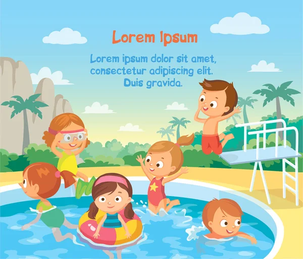 Los Niños Parque Acuático Piscina Natación Saltar Desde Plataforma Buceo — Vector de stock