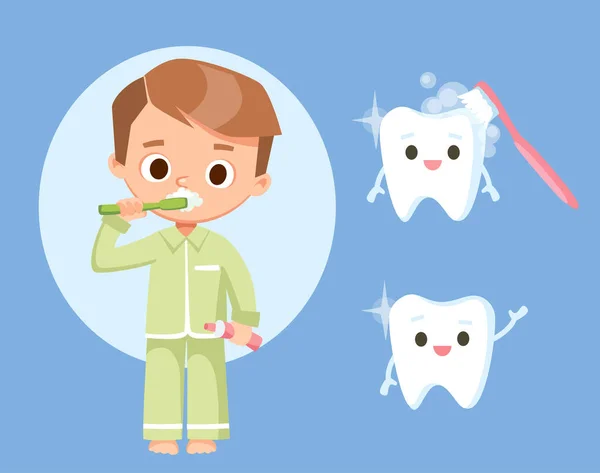身穿睡衣的男孩用牙膏和牙刷刷牙的图像 牙科用笑齿图标K — 图库矢量图片