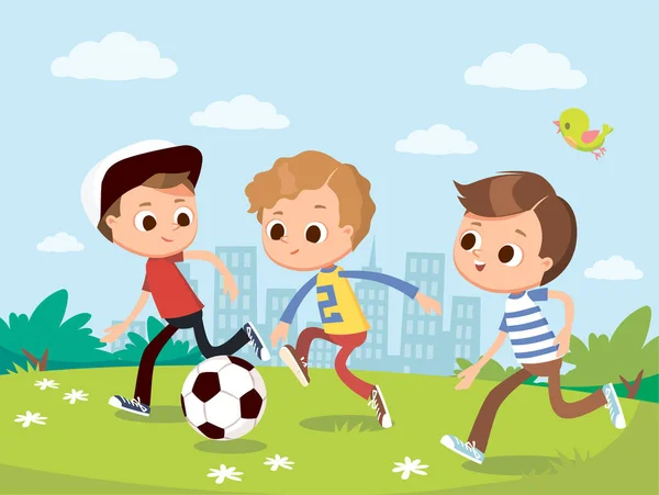Boys Play Football Soccer Outskirts Forward Attacker Ball Passes Defender — Stock Vector