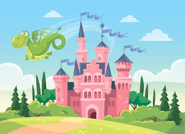 带着童话般粉红城堡的孩子们的病媒图解 中世纪童话魔法城堡城堡皇家宫殿 — 图库矢量图片
