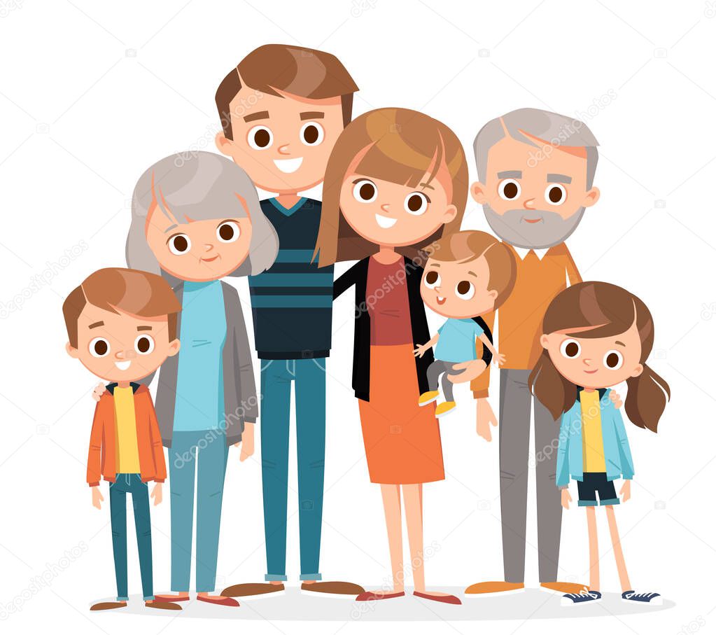 Big family portrait. Vector people. Mother and father with babies, children and grandparents.