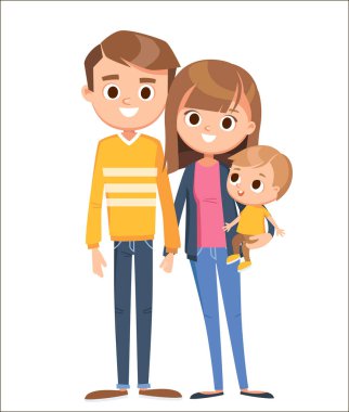 3 kişilik mutlu bir ailenin portresi. Anne, baba, çocuk, anne, baba, anne, oğul ellerde..
