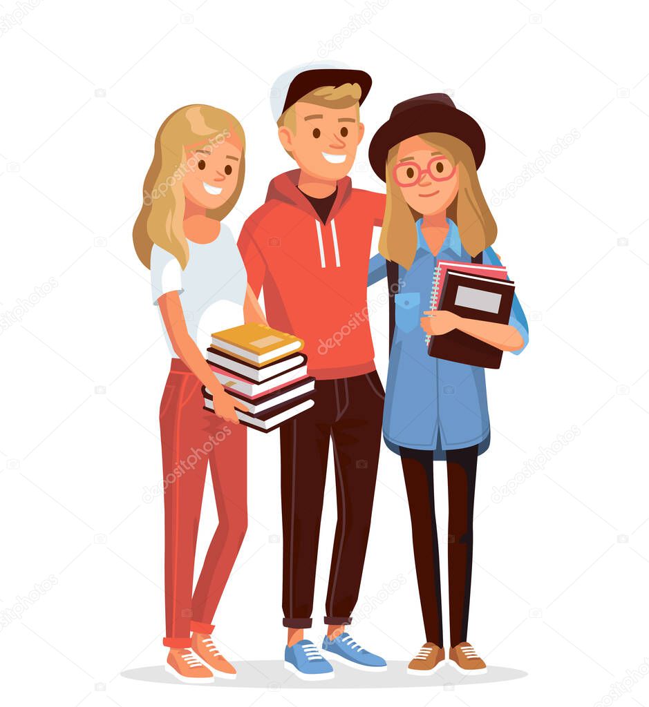 College friends, university fellow students classmates standing together holding books. Group of learners young people. Vector illustration. Flat design