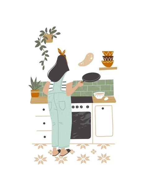 Chica Mujer Freír Panqueques Cocina Casa Casa Pie Junto Estufa — Vector de stock