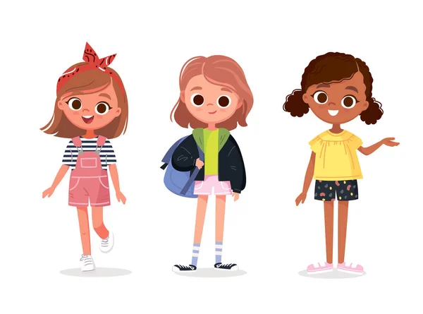 Conjunto Niños Niñas Felices Con Ropa Diferente Traje Casual Grupo — Vector de stock