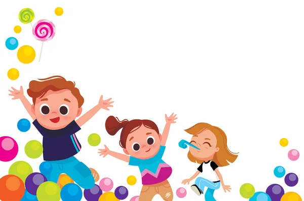 子供パーティーの子供たちは遊び場 遊び場で素晴らしい気分で楽しんでいます 誕生日のお祝い 6月1日子供の日 名前の日 記念日 — ストックベクタ