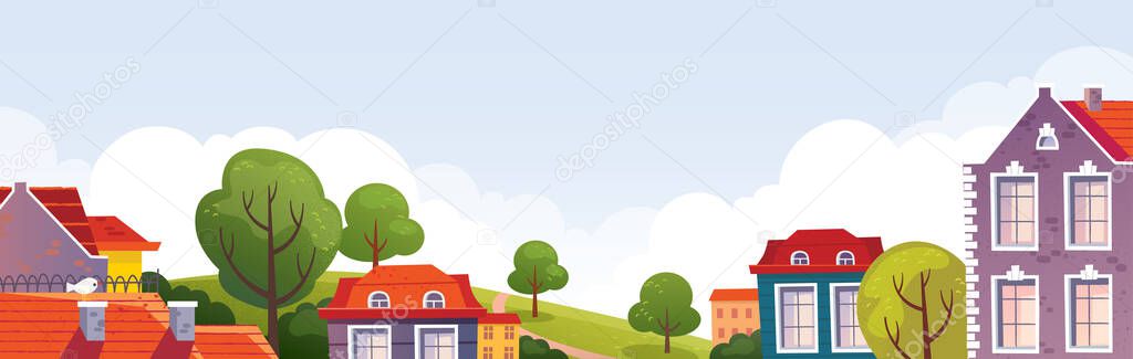 Roof panoramic view of green suburban area with residential houses, neighborhood view. Suburban neighborhood street. Colorful landscape with city and countryside. Aerial view of the residential area.