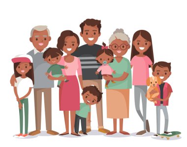 Büyük mutlu, çok nesilli Afro-Amerikan aile kardeşleri akrabaları portresi. Vektör insanlar. Yaşlılar, anne ve babalar, bebekler, torunlar ve büyükanne ve büyükbabalar. Büyükanne, büyükbaba, baba.