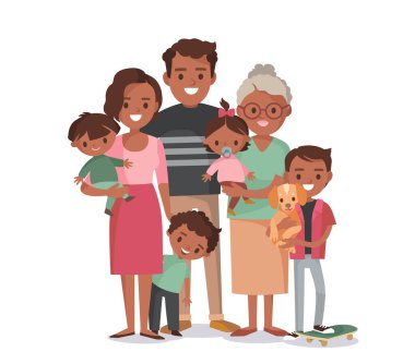 Büyük mutlu, çok nesilli Afro-Amerikan aile kardeşleri akrabaları portresi. Vektör insanlar. Yaşlılar, anne ve babalar, bebekler, torunlar ve büyükanne ve büyükbabalar. Büyükanne anne baba..