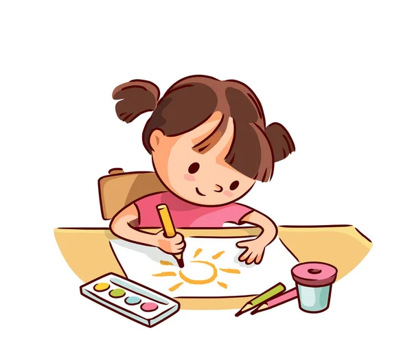 Niña Pequeña Dibujando Con Lápices Acuarela Sentada Mesa Dibujo Actividad — Vector de stock