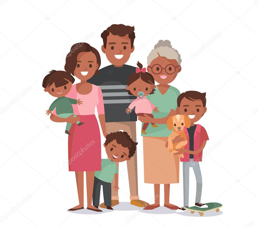 Big happy multi-generational afro-american family siblings relatives portrait. Vector people. Seniors mother and father with babies, children grandchildrens and grandparents. Grandma mom dad.