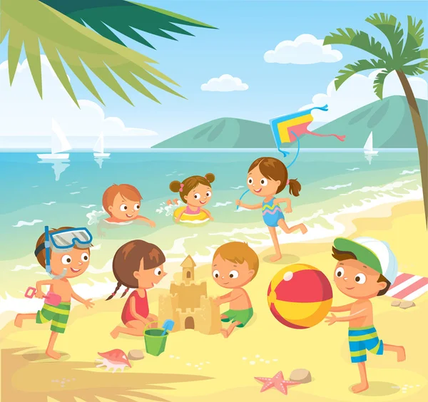 Niños Niños Tomando Sol Nadando Mar Campamento Infantil Verano Orilla — Vector de stock