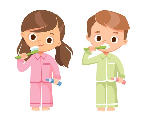 Little Girl Boy Pajamas Brushing Teeth Toothpaste Picture Image Symbol — Stock Vector