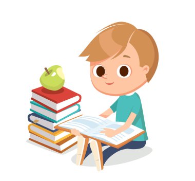 Yanında kitap yığınları olan sevimli bir çocuk oturuyor ve kitap okuyor. İzole vektör illüstrasyonu.