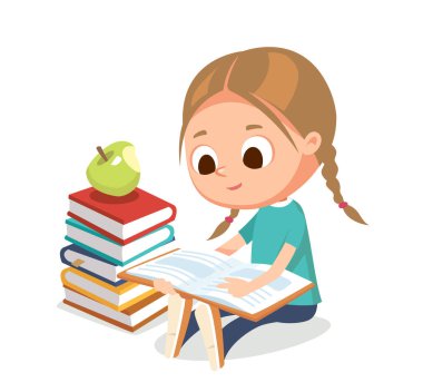 Yanında kitap yığınları olan sevimli bir kız oturuyor ve kitap okuyor. İzole vektör illüstrasyonu.