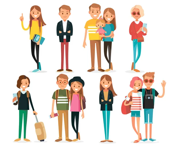 Gran Conjunto Diversos Personajes Dibujos Animados Planos Personas Parejas Diferentes — Vector de stock