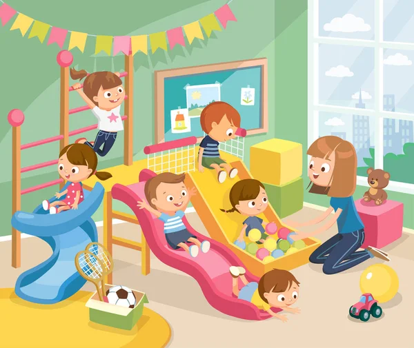 Los Niños Que Juegan Divertirse Jugando Con Buen Humor Sala — Vector de stock