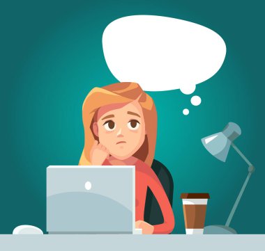 Üzgün, kafası karışık, serbest çalışan bir kadın bilgisayar başında iş yerinde tele-iş başında çalışıyor. Evden, WFH 'den, esnek iş yerinden çalışan uzaktan kumandalı telsiz. Vektör illüstrasyonu