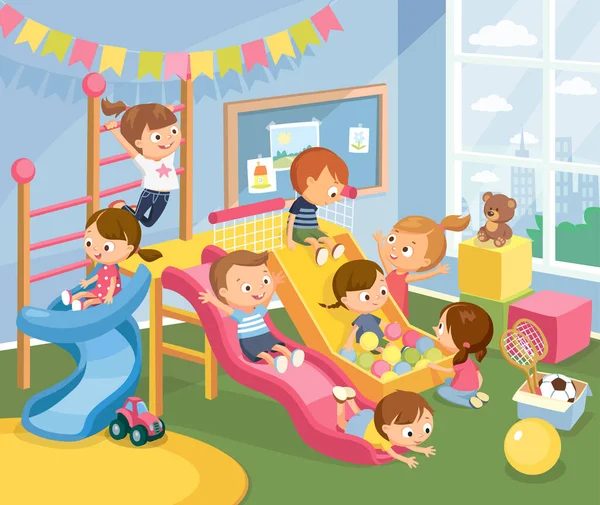 Gyerekek Szórakoznak Hangulatban Bolondoznak Játszószobában Játszótéren Csúszdáznak Létrán Lógnak Vektor — Stock Vector