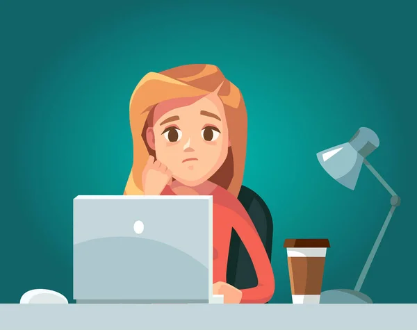 Mujer Triste Freelancer Trabajando Teletrabajo Con Ordenador Portátil Lugar Trabajo — Vector de stock