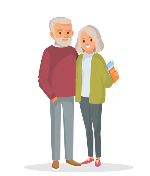 Two senior people. Portait of happy senior couple hugging stand together. Vector people.