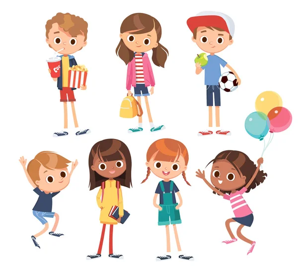 Vector Set Kids Children Teenagers Characters Different Poses Clothes Wear — Stock Vector