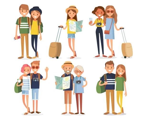 Big Set Grupo Personagens Desenhos Animados Planas Diversas Pessoas Viajantes —  Vetores de Stock
