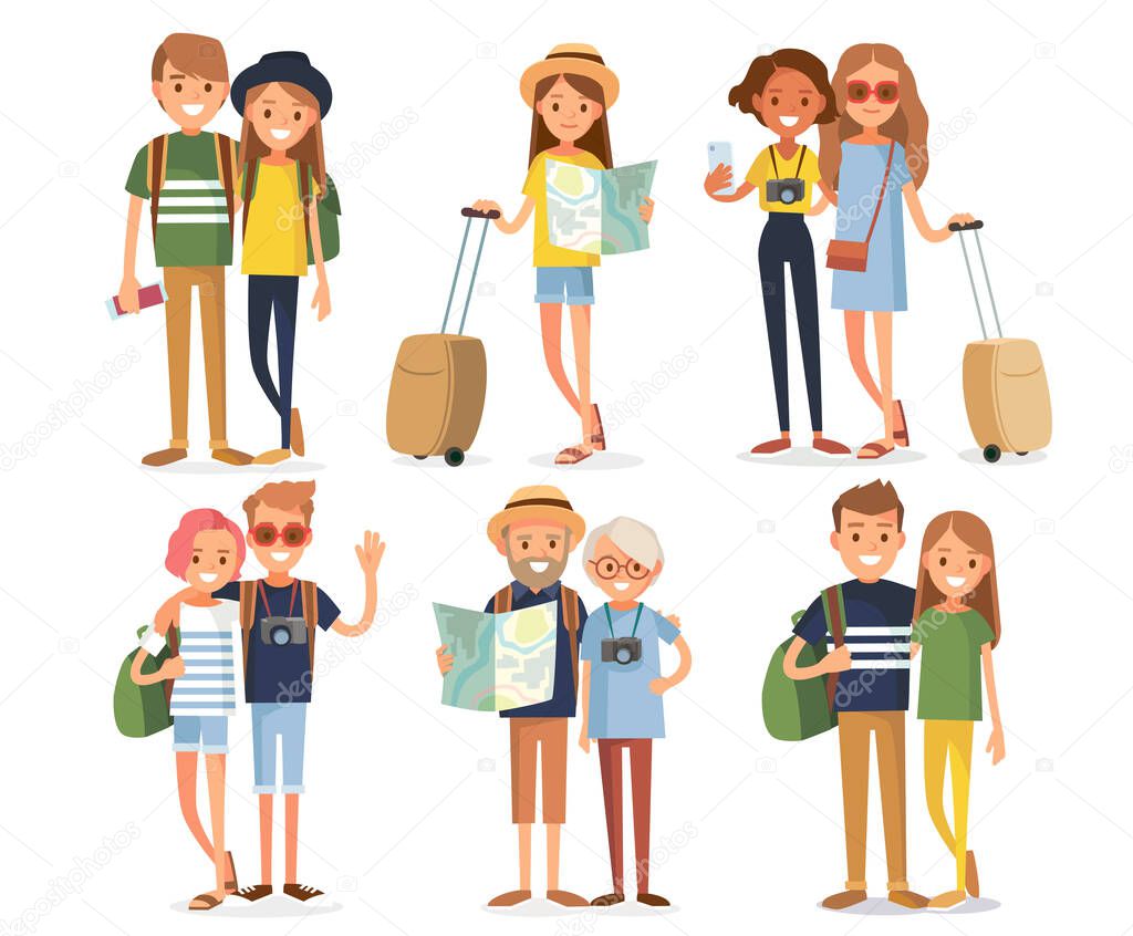 Big set group of diverse flat cartoon characters people travelers tourists in different poses standing together isolated on white background. Crowd people. Casualy looking dressed men women.Vector