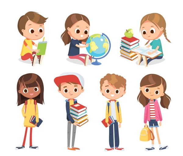 Векторный Набор Детей Школьников Книгами Вектор Образования Набор Детей Подростков — стоковый вектор