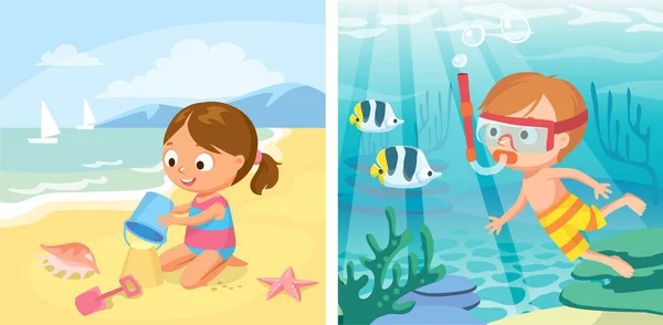 Bambina Gioca Con Sabbia Sulla Spiaggia Ragazzino Che Snorkeling Tuffarsi — Vettoriale Stock