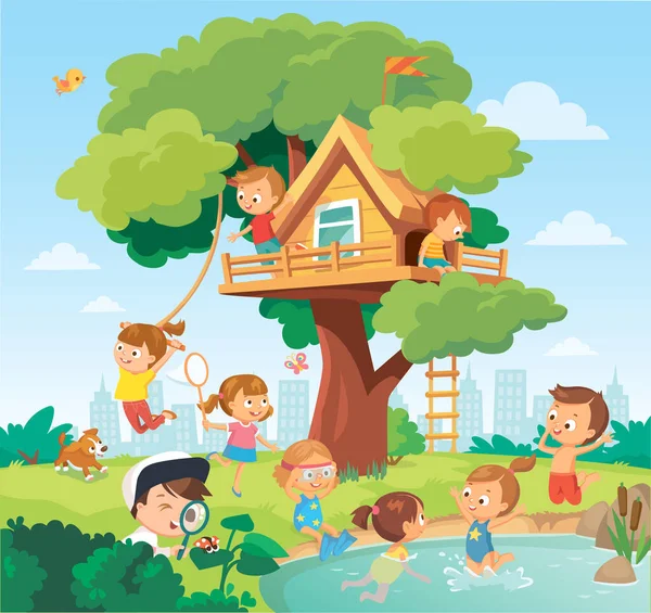 Niños Niños Juegan Colgando Casa Árbol Arond Fortaleza Del Árbol — Vector de stock