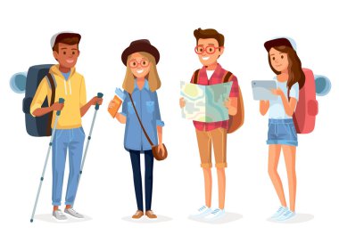 Seyahat çantası ve haritasıyla seyahat eden bir grup genç turist, tatile çıkıyorlar. Gezginlerin portre koleksiyonu. Seyahat ve turizm konsepti..