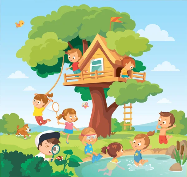 Crianças Crianças Brincam Pendurado Para Fora Casa Arond Árvore Árvore — Vetor de Stock