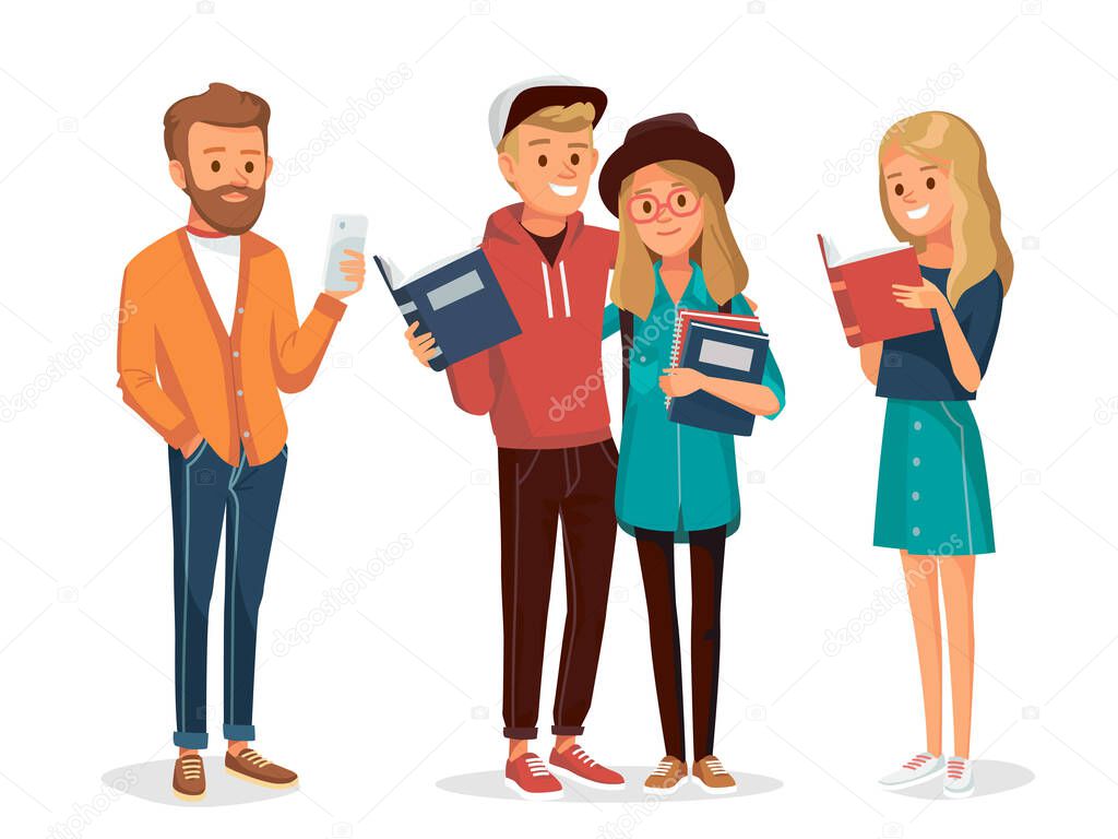 Set of friends, university fellow students classmates standing together holding and reading books. Group of learners young people. Student couple. Vector illustration. Flat design.
