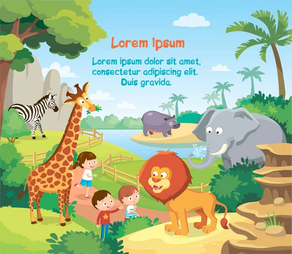 Wektor Ilustracja Zdjęcie Cildren Dzieci Zoo Dziką Przyrodą Zwierzęta Lew — Wektor stockowy