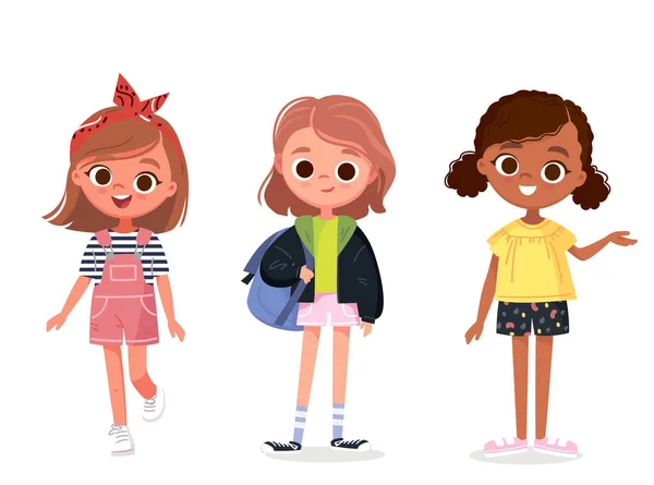 Набір Щасливих Маленьких Дівчаток Різному Одязі Повсякденного Вбрання Група Стильних — стоковий вектор