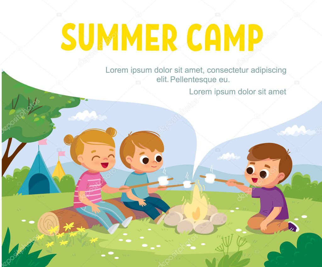 Group of kids sitting by fireplace in summer camp. Summer landscape.