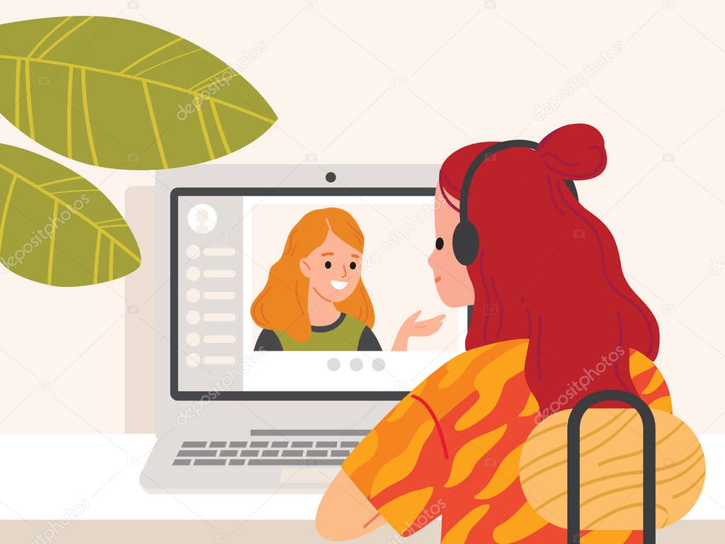 Webinar. Young woman sitting at, in front of notebook, talking chatting over video chat app. Video chat between two girls. Girl video calling, conversation, using messenger, video conference.