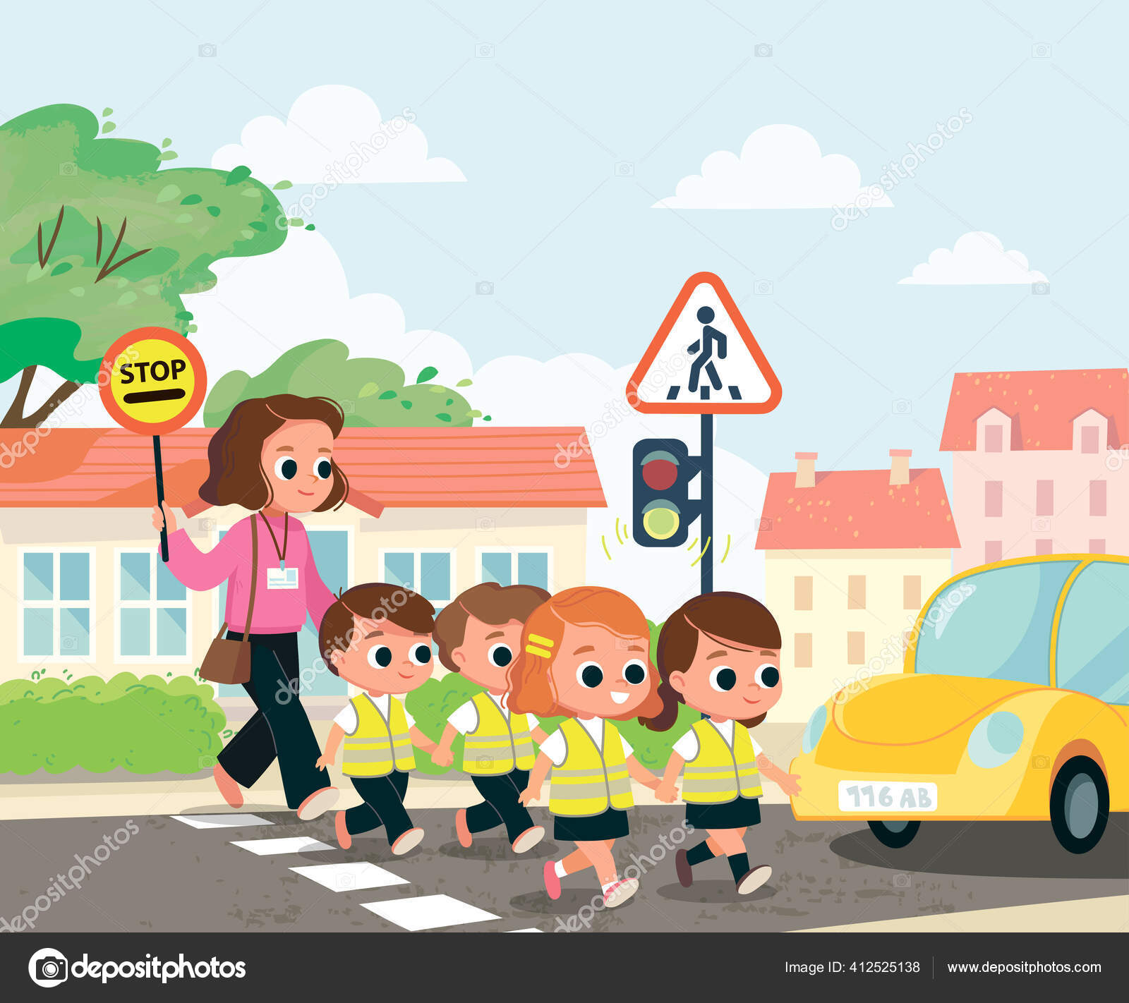 School children cross road on pedestrian crossing Vector Image